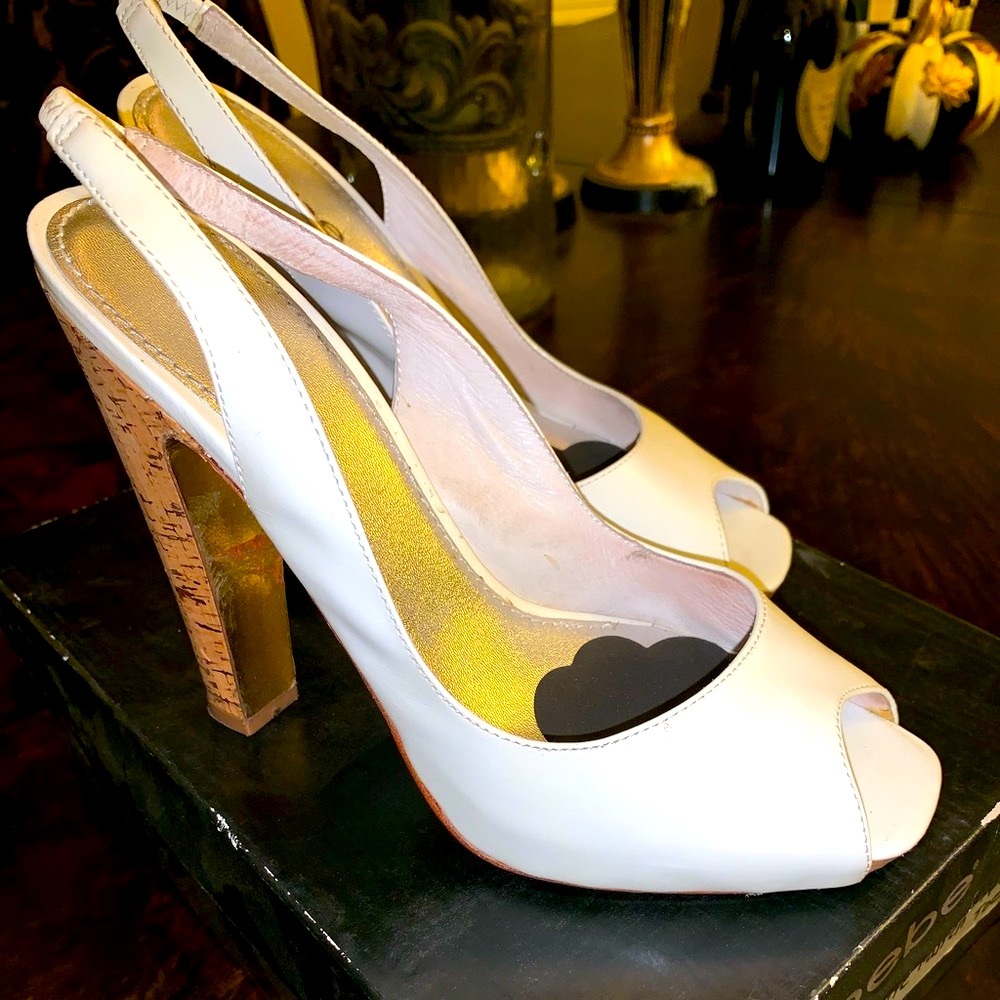 White Kerry Bebe Patent Leather Slingback Heels